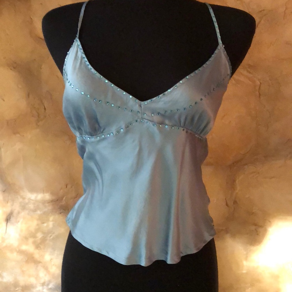 Perfect blue silk , blue rhinestone accents Top